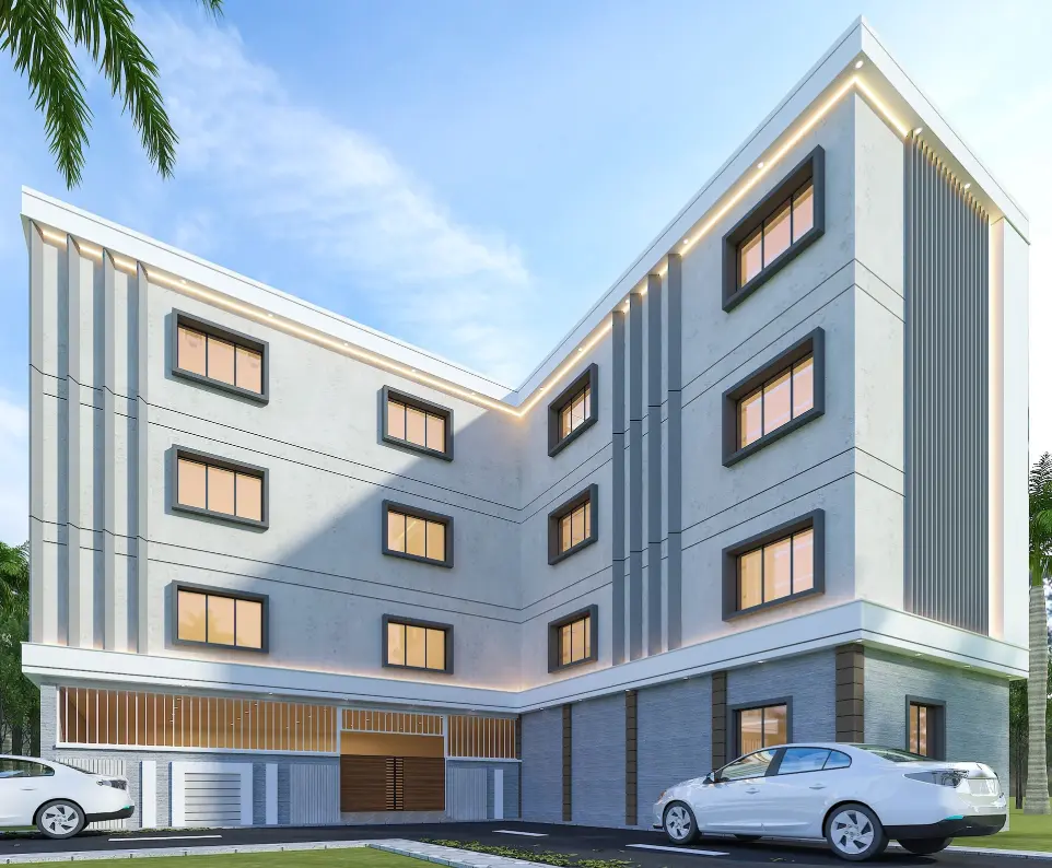 3D rendered modern apartment exterior with realistic textures and lighting