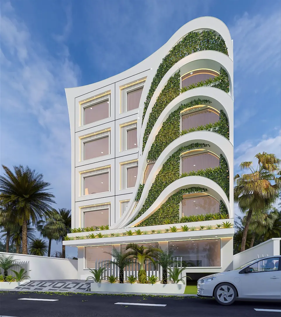3D rendering of residential complex showcasing building layout and design