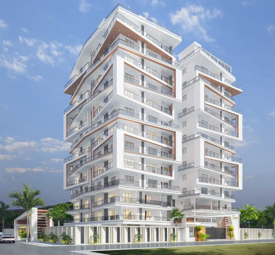 3D architectural visualization of commercial office building with detailed facade